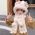 Ensemble 3-en-1 bonnet écharpe et gants en peluche douce pour filles blanc crème - Enfant / Ensemble 4 pièces amélioré (Avec ours) / Mousse à la crème