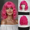 Front and back views of a bright pink bob wig with bangs and wavy shoulder-length curls - Rose Pink