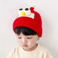 Red knit baby hat with cartoon eyes and nose detail for autumn and winter warmth - One Size / Angry Birds Style / Red
