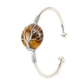 Detail of silver wire wrapped tiger eye stone bangle with handmade tree of life design - Silver+Tiger Eye