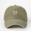 Adjustable olive green washed cotton baseball cap with white embroidered heart outline - One Size / Dark Khaki
