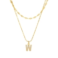 Double-layered gold stainless steel necklace featuring a crystal-inlaid letter W pendant - Gold-Letter W