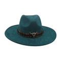 Teal wide brim fedora hat with bohemian woven band and silver metal bull skull ornament - Colorful Bull Head Ornament / Dark Green