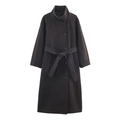 Women's minimalist black wool blend long coat with belted waist and high neck collar - XS / Graphite