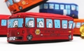 Red canvas pencil case in cartoon school bus shape with cute bear graphics and zipper - Red
