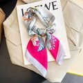 Elegant white square silk scarf with pink borders and floral prints on a beige blazer - New Silk Scarf/small Square Scarf 2 / 65