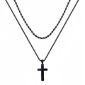 Collar de doble capa negro en acero inoxidable con cadena de cuerda, box y colgante de cruz - Negro de doble capa