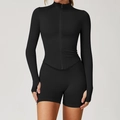 Ensemble de fitness noir sans couture avec haut zippé et short de yoga taille haute - S / Haut Et Bas / Ensemble 2 Pièces (Veste+Short) / Noir Premium