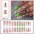 Long coffin press-on nails with pink green gradient, flowers, and golden butterfly - SGCY-273 / Glue Type