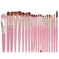 Detailed close-up of 20-piece makeup brush set with pink glitter handles and rose gold ferrules - Pink Handle + Coffee Tube
