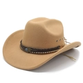 Detail of camel wool felt cowboy hat featuring Hamsa Hand pendant and braided leather band - M (56-58cm) / Camel