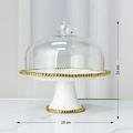 White ceramic cake stand with glass dome and gold beaded rim, 25cm dessert display - 10 Inch Cake Stand with Glass Lid