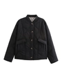 Detalle de chaqueta acolchada negra con forro de leopardo elegante y botones frontales - S / Negro
