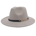 Detailed view of gray fedora with black leather band and gold metal chain accent - M (56-58cm) / Light Gray
