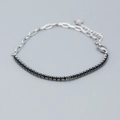 S925 sterling silver chain bracelet featuring black cubic zirconia and heart charm - White Gold (Black Stone)