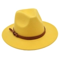 Detail of yellow wool fedora hat with a brown leather strap and classic metal buckle - Yellow (Brown Belt)