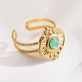Detail of 18K gold-plated ring featuring turquoise stone with sunburst texture - R01025-Gold Turquoise Sunburst