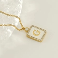 Elegant 18K gold plated square pendant necklace with letter G and sparkling crystals - Gold-G