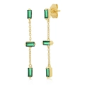 Dettaglio di orecchini pendenti in oro con tre pietre preziose rettangolari verde smeraldo - Zircone Verde (Placcato Oro)
