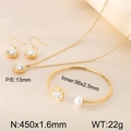 Gold stainless steel jewelry set with round cubic zirconia pendants and pearls - 3-Piece Set (Necklace + Earrings + Bracelet) / Gold White Zirconia