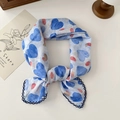 Floral cotton linen square scarf in light blue with heart pattern and lace trim - Blue Heart