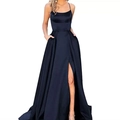 Elegant navy blue satin evening gown featuring thin straps and a high side slit - US size 12 (L) / Tops / Navy Blue
