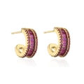Close-up of 18K gold-plated C-shaped earrings with rectangular and round pink zircons - Pink Zirconia (42746)