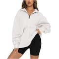 Felpa oversize bianca da donna con mezza zip, tasca a marsupio e spalle scese dallo stile sportivo - S / Bianco