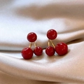Macro shot of red berry drop earrings with gold stem on soft champagne silk fabric - 32# Silver Earring Post - Gold - Wine Red