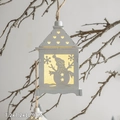 White wooden Christmas house ornament with snowman cutout and warm LED light, 7.2x10.9cm - White Snowman Lantern Hanging