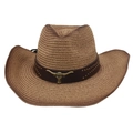 Western straw cowboy hat in vintage brown with leather band and bull head metal ornament - Gradient Edge Gold Bull Head (With Wind Rope) / Camel