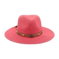 Chapeau de soleil rose en paille avec chaîne dorée et perles pour la plage - Rose
