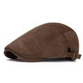 Adjustable dark brown suede flat cap for men with retro stitch details and metal buckle - Suede / Coffee