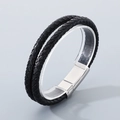 Close-up of black braided double-layer leather bracelet with silver magnetic clasp - Double Layer Black Woven With Silver Clasp (KB210528-KFC)