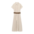 Minimalist beige linen short sleeve dress with woven belt and front buttons - XS / Apricot