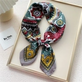 Green and red paisley print satin neck scarf in a stylish knotted display - Gray Border Gold Flower