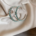 Silver hoops with turquoise beads on silk fabric featuring a bohemian vintage design - Silver-Lake Blue Hoop-Bohemian