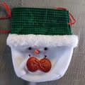 Cute snowman plush Christmas gift bag with white faux fur collar and green sequin trim - Shiny Fabric Snowman