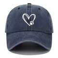 Close-up of heart and paw print embroidery on dark blue washed cotton baseball cap - Navy Blue
