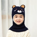 Close-up of kids knitted winter hooded scarf with bear ears in navy blue color - One Size / Bear Navy Blue