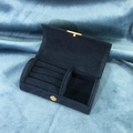 Navy blue velvet portable travel jewelry box with golden clasp and multi-layer ring slots - Portable Arch Jewelry Box / Navy Blue