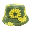 Cappello a secchiello invernale verde in pile teddy con girasoli per calore e stile - M (56-58cm) / Verde Scuro (Motivo Girasole)