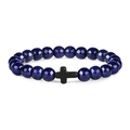 Macro shot of polished blue stone beads and a black cross charm on a men's beaded bracelet - Lapis Lazuli