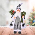 Standing Santa Claus figurine in grey buffalo plaid hat holding pine needles and berries - Standing Santa Claus Gray Plaid