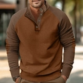 Detail of men's knit sweater featuring a brown ribbed texture and buttoned henley collar - S / Tops / Coffee/Dark Coffee