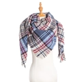 Blue and red plaid triangle scarf with fringe trim on a female mannequin torso - Navy Blue and Red