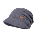 Donkergrijze gebreide muts met klep en leren patch, dikke thermische wintermuts voor dames - donkergrijs
