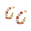Golden C-shaped earrings with alternating red and clear square cubic zirconia stones - Clear and Red