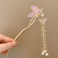 Fermaglio per capelli a farfalla in smalto rosa con nappe di perle dorate - Viola