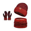 Winter set with red-black knit hat, neck warmer and gloves with thick fleece lining - 3-Piece Set - Wine Red